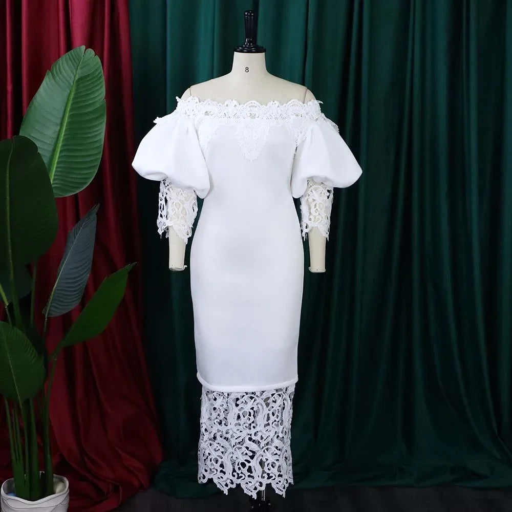 Off-Shoulder Lantern Sleeve Lace Sheath Dress