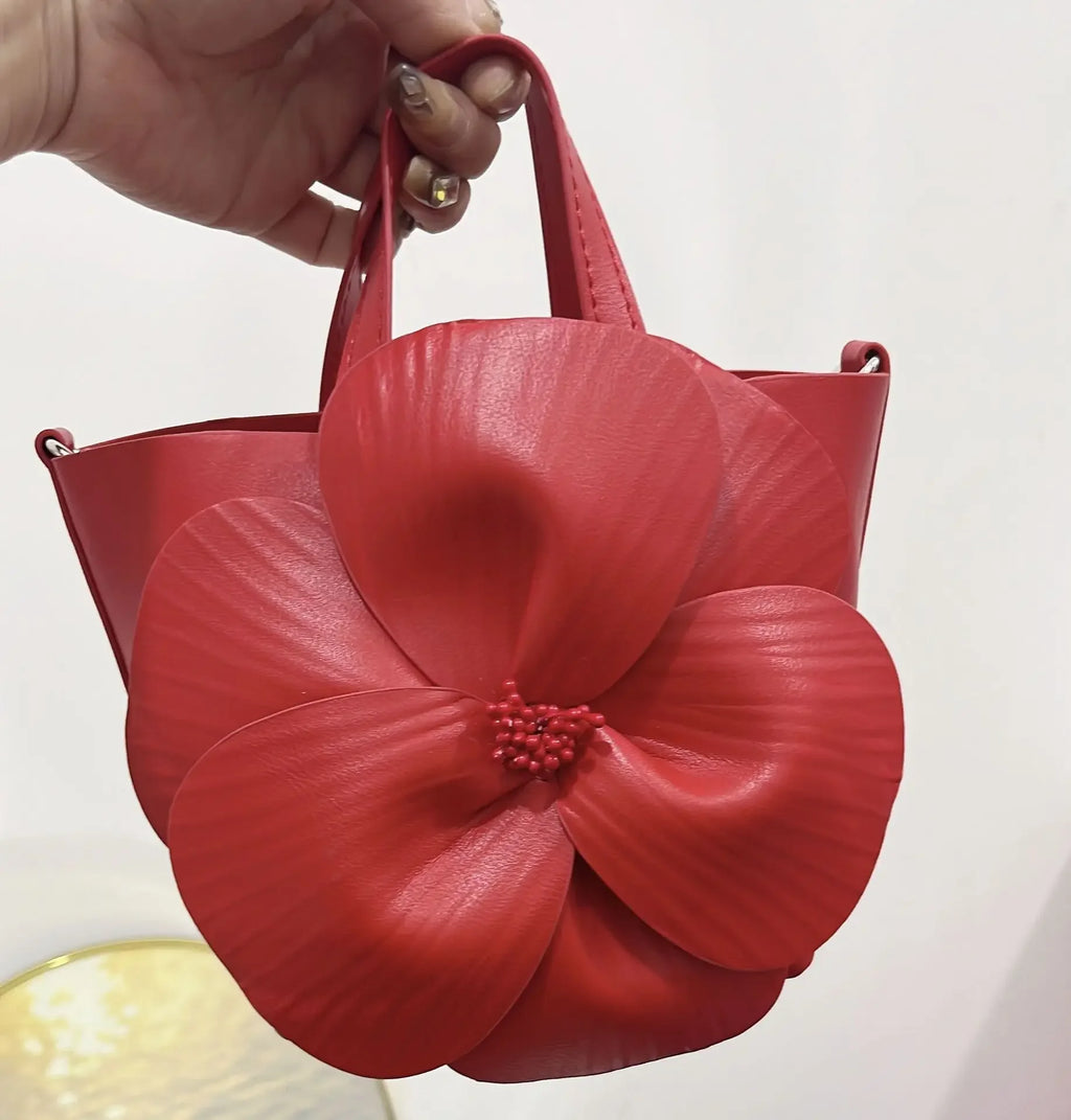 3D Floral Soft PU Leather Women Small Bucket Handbag Wedding Purse Dress Party Evening Bridal Clutch Bag