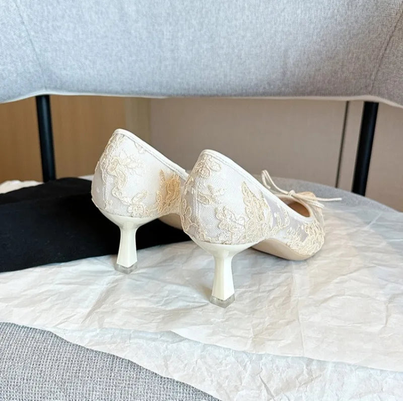 Wedding Shoes Bridal Pumps for Women Elegant Lace with Bow Decor Pointed Toe Mesh Stiletto Heels Comfortable Classic Party
