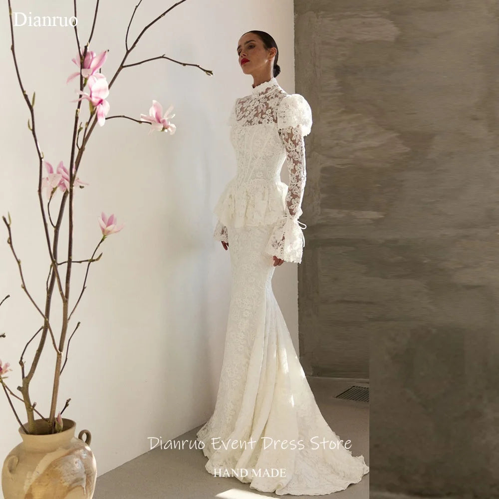 Dianruo Modest High Neck Wedding Dress Long Puff Sleeves Mermaid Vestido Novia Civil Appliques Vintage Robe De Mariée Customized