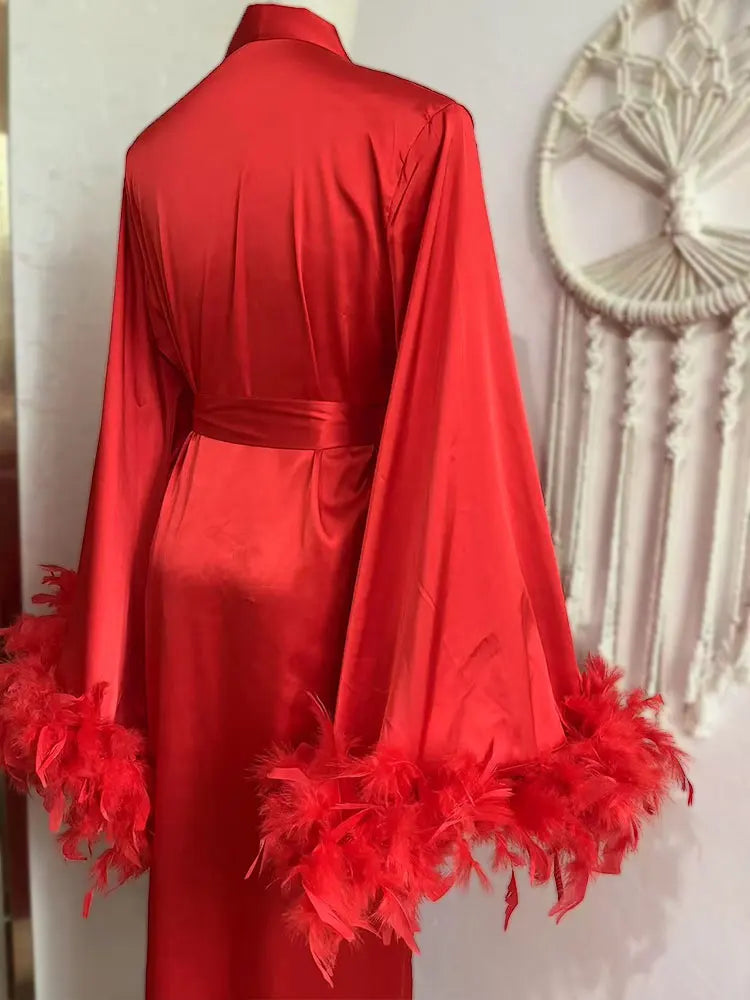 Feather Robe Long Cardinal Red Bridal Lingerie Softest Bridal Robe with Feather Boudoir Silk Kimono Bridesmaid Dressing Gown New