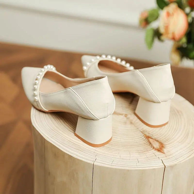 With Medium Heels Shoes for Women 2025 Wedding Bride Shoe White Ladies Summer Footwear Pearl Office Slip on Lastest Casual Trend