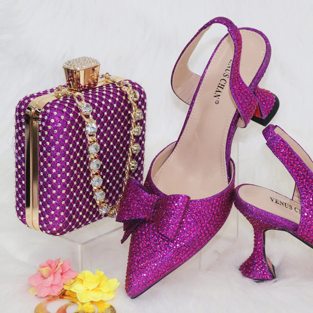 Rhinestone Bow Pointed-Toe Bridal Heel and Bag Set