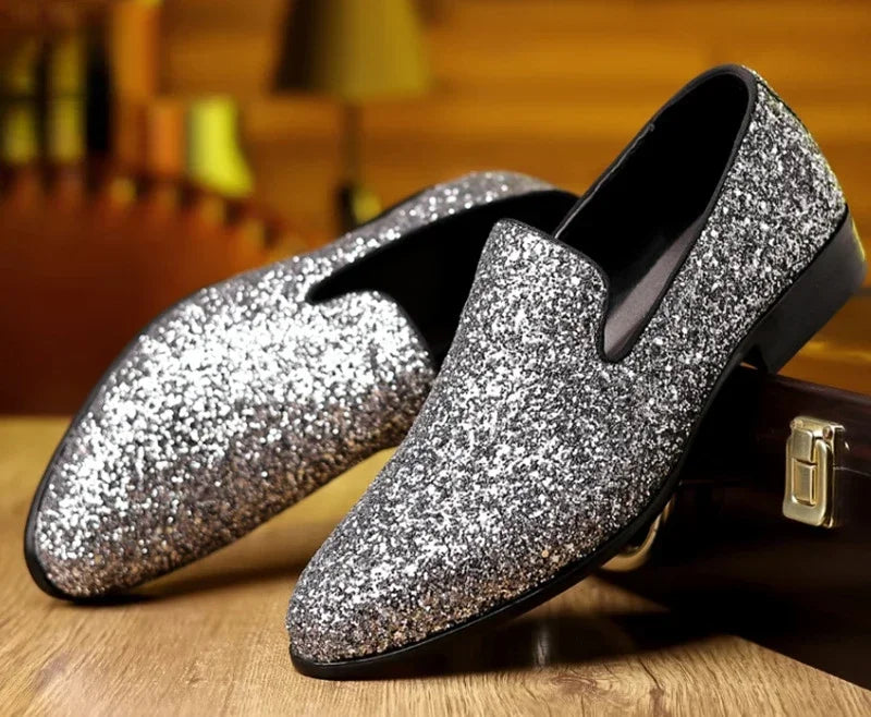 Men Formal Party Shoes New Luxury Loafers Men Gold Silver Sequin Wedding Shoe Fashion Designer Slip on Flats High Quality