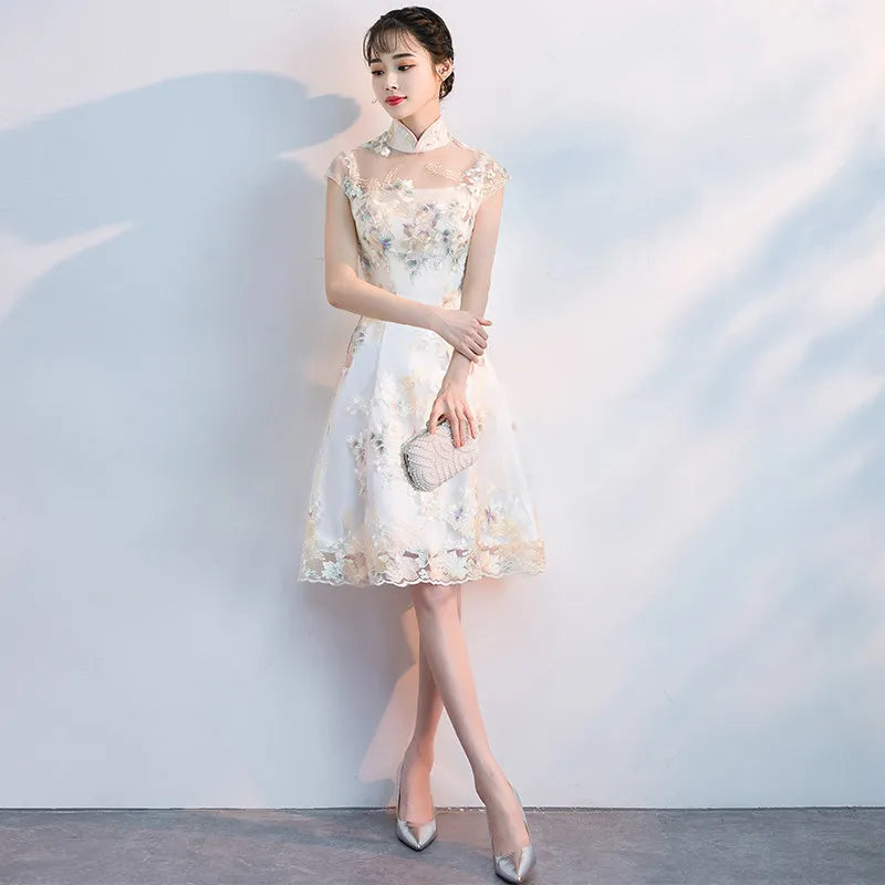 Floral Embroidered Satin Cheongsam Gown