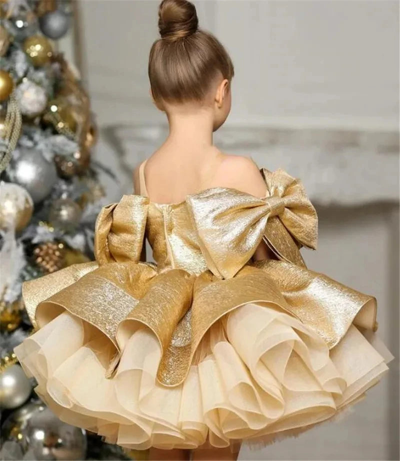 Puffy Satin Glitter Flower Girl Dress