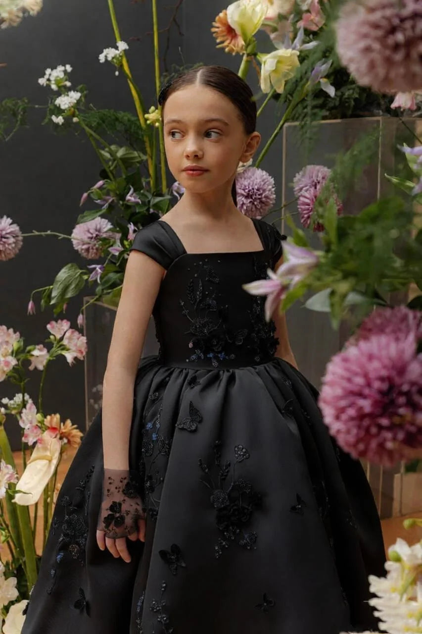Floral Applique Tea Length Flower Girl Dress