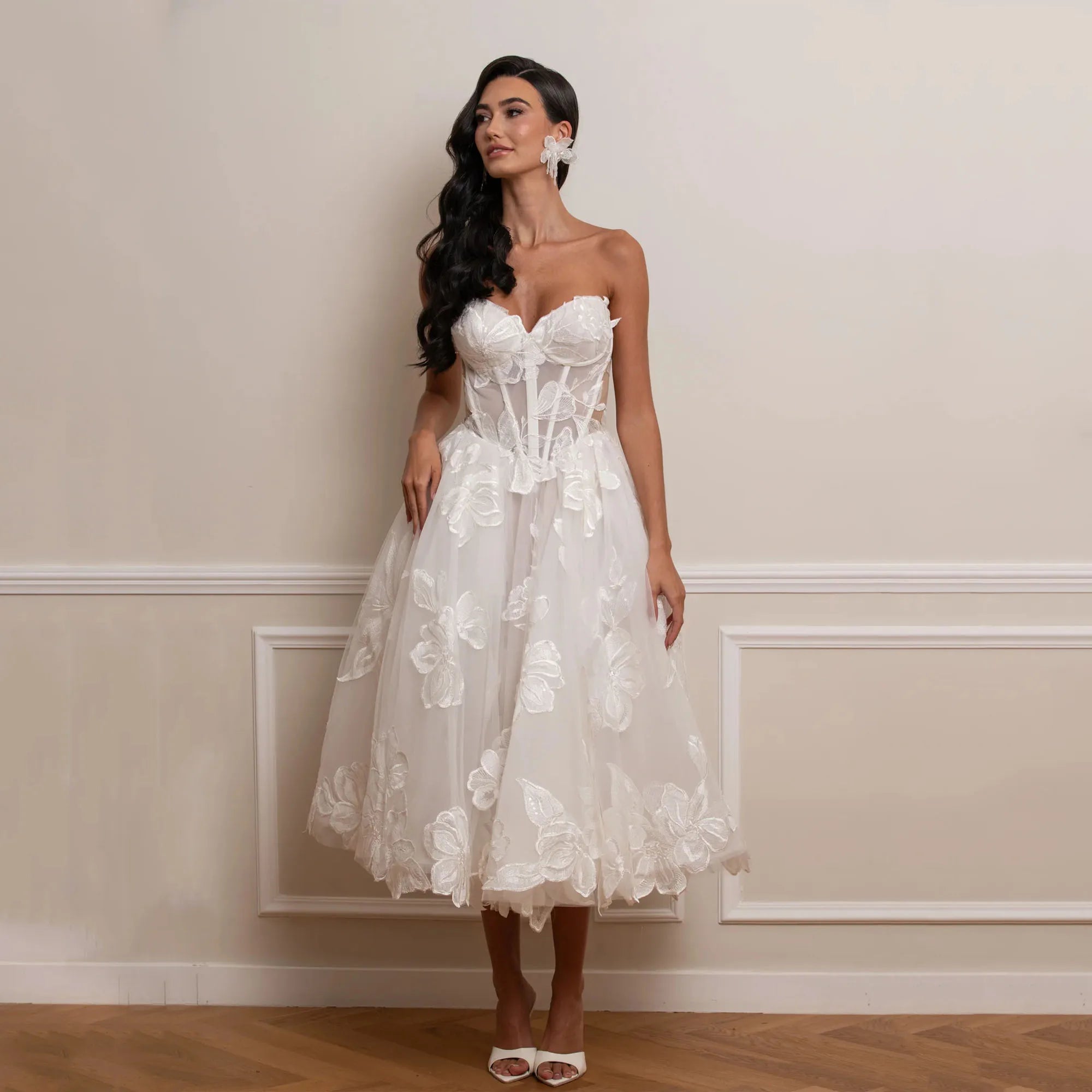 3D Floral Lace Tea Length Bridal Midi Dress