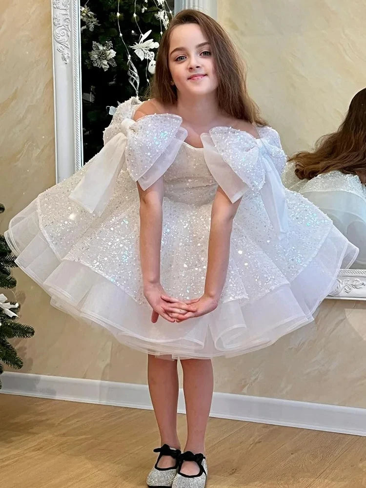Puffy Satin Glitter Flower Girl Dress
