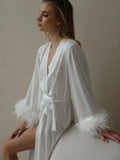 Bride Robe With Feather Sleeves White Boudoir Robe Bridal Robe Long White Satin Silk Robe for Wedding Outfit Bridesmaid Gift