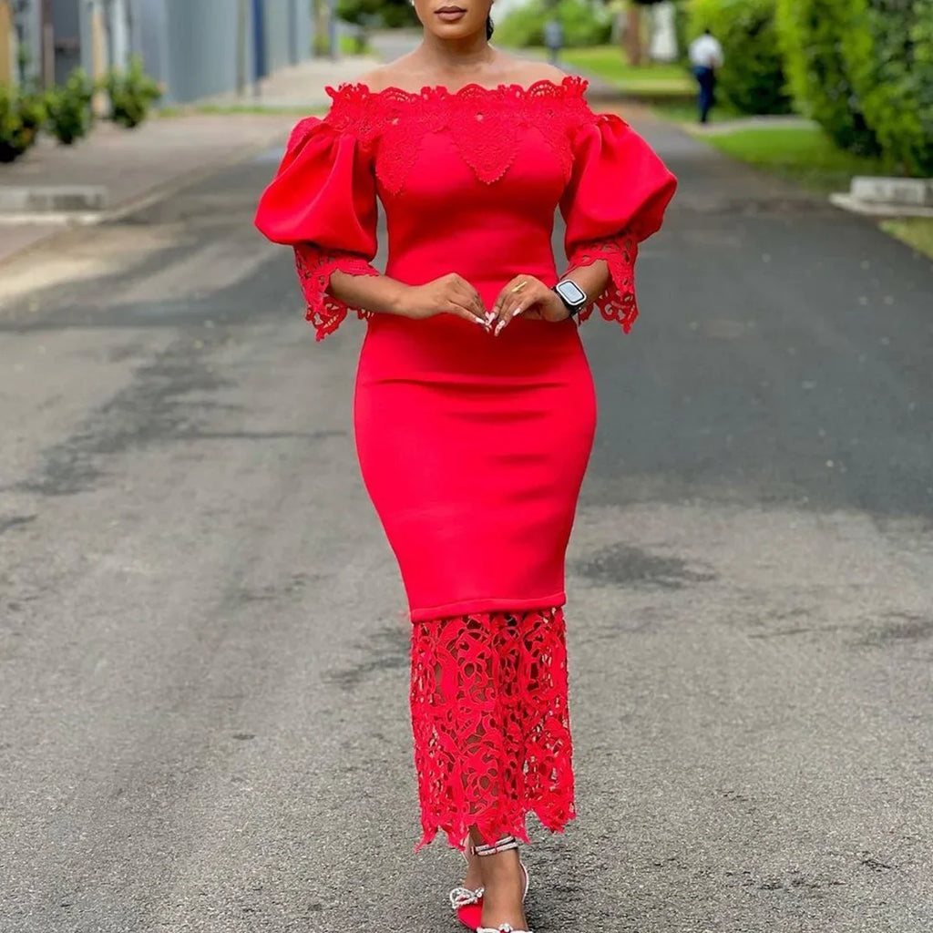Off-Shoulder Lantern Sleeve Lace Sheath Dress