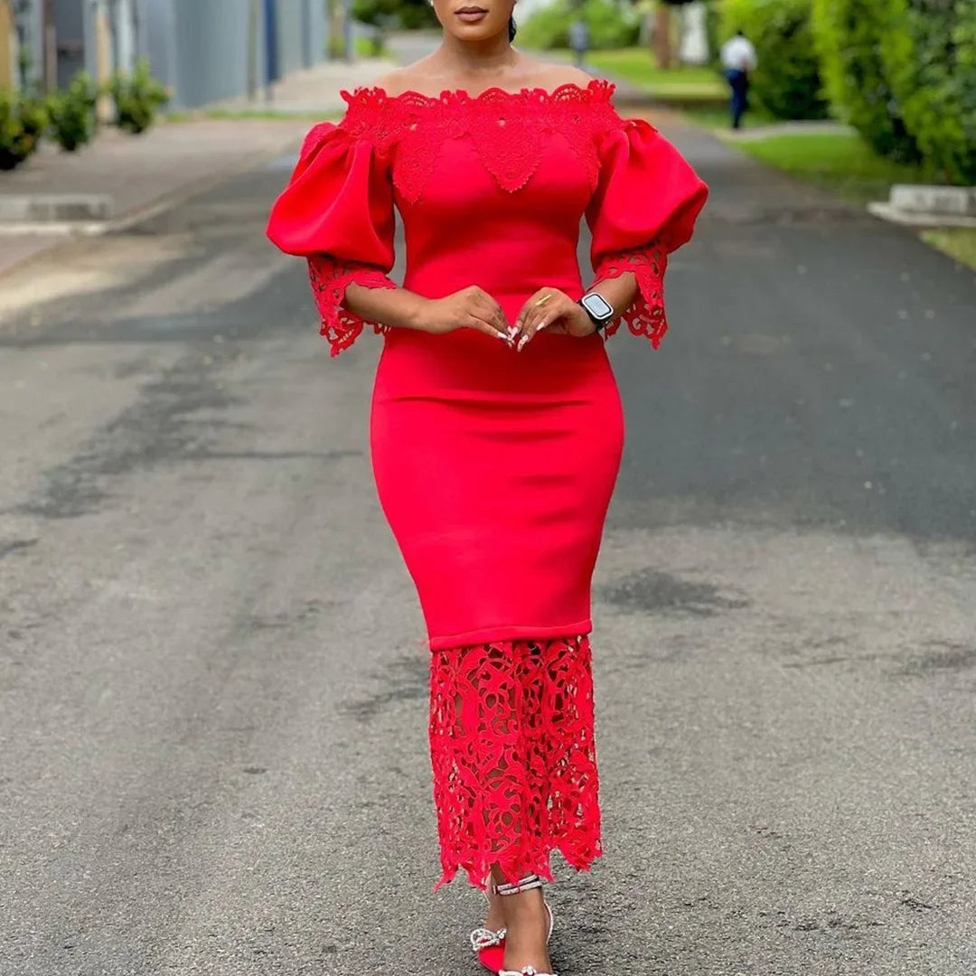 Off-Shoulder Lantern Sleeve Lace Sheath Dress