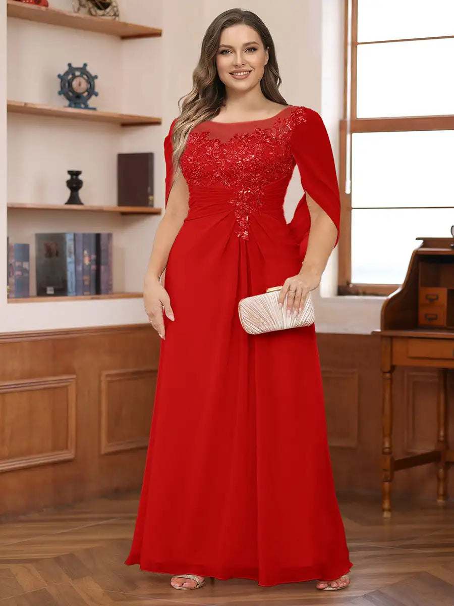 Plus Size Mother of the Bride Dress for Women Lace Applique Pleated Scoop Chiffon Formal Wedding Guest Party Dresses