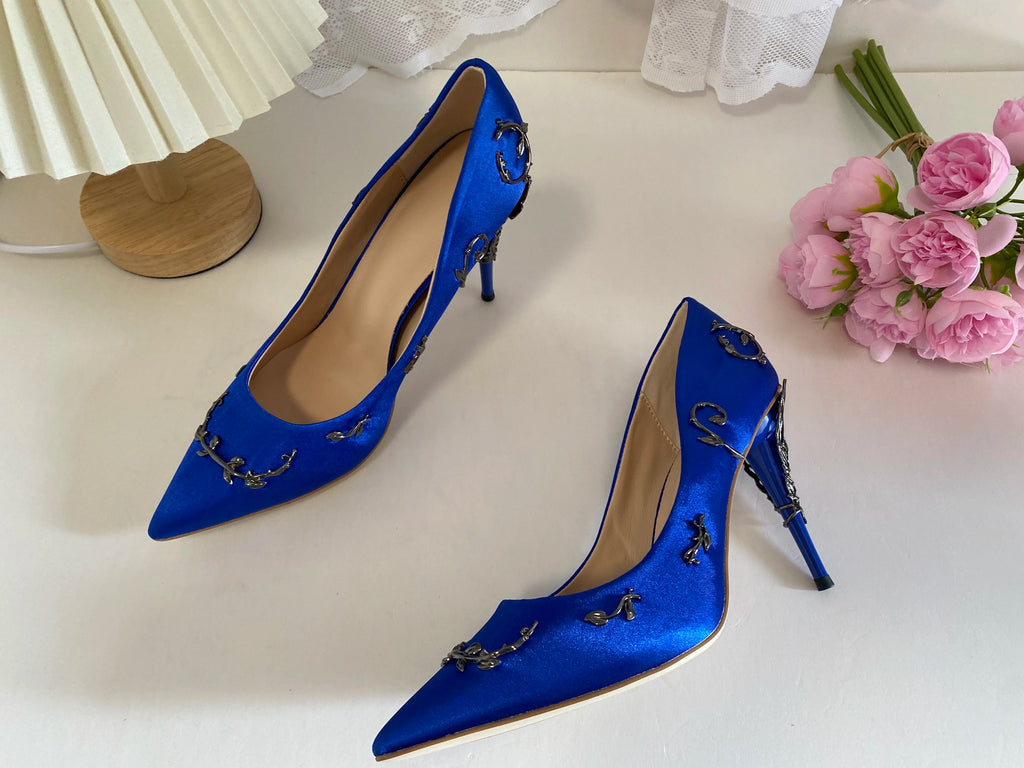 Luxury Leaves Metal Heel Pumps Women Shoes Pointed Toe Blue White Pink Black Silk Stiletto High Heels Wedding Bride Shoes 10cm