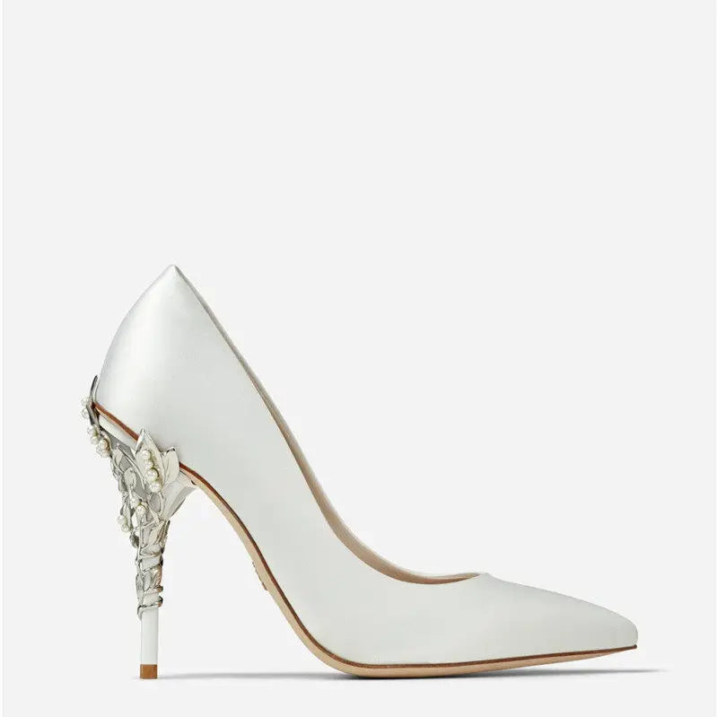 Luxury Leaves Metal Heel Pumps Women Shoes Pointed Toe Blue White Pink Black Silk Stiletto High Heels Wedding Bride Shoes 10cm