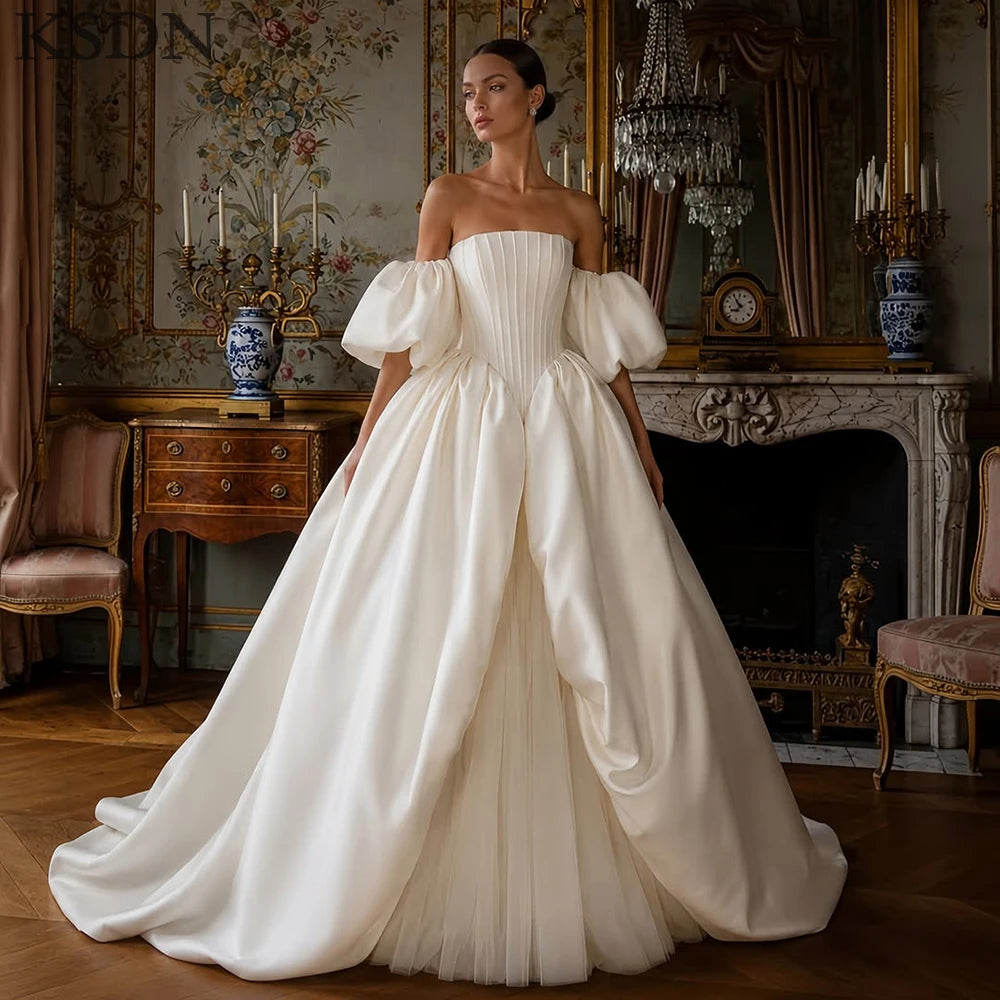 Half Sleeve Taffeta Ball Gown with Chapel Train