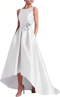 Satin Hi-Low Mother of The Bride Dresses Crew Neck Formal Dress A Line Elegance Wedding Guest Dress with Pockets