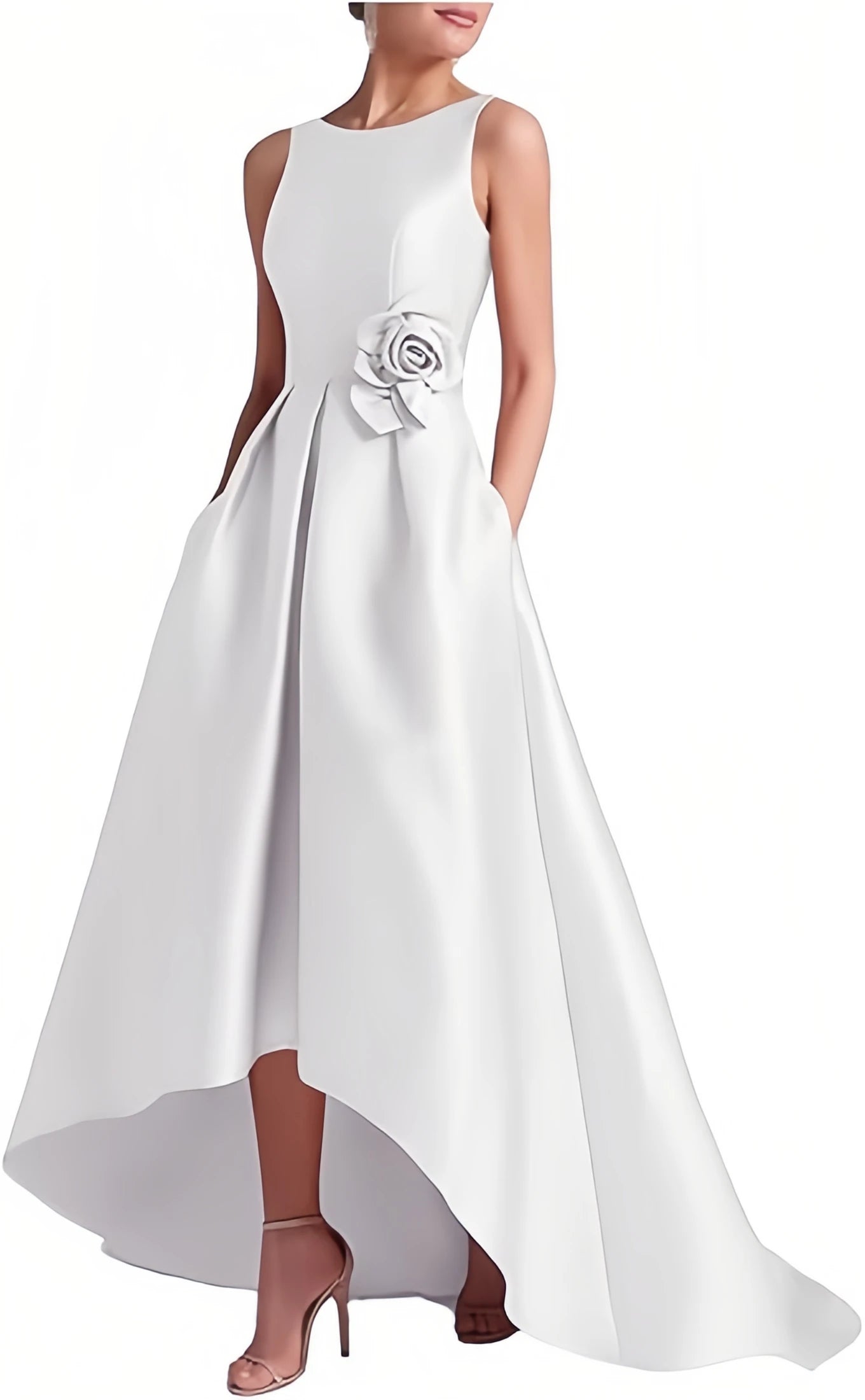 Satin Hi-Low Mother of The Bride Dresses Crew Neck Formal Dress A Line Elegance Wedding Guest Dress with Pockets