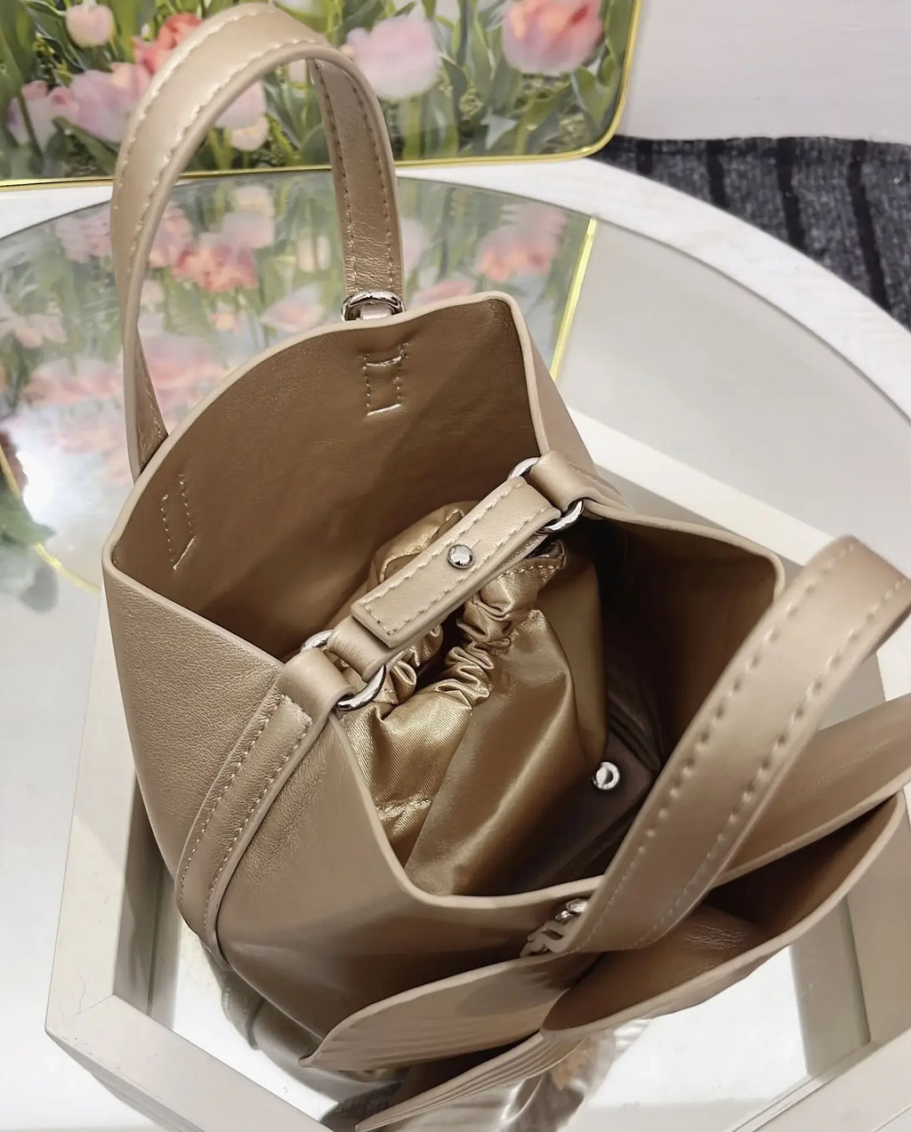 3D Floral Soft PU Leather Women Small Bucket Handbag Wedding Purse Dress Party Evening Bridal Clutch Bag