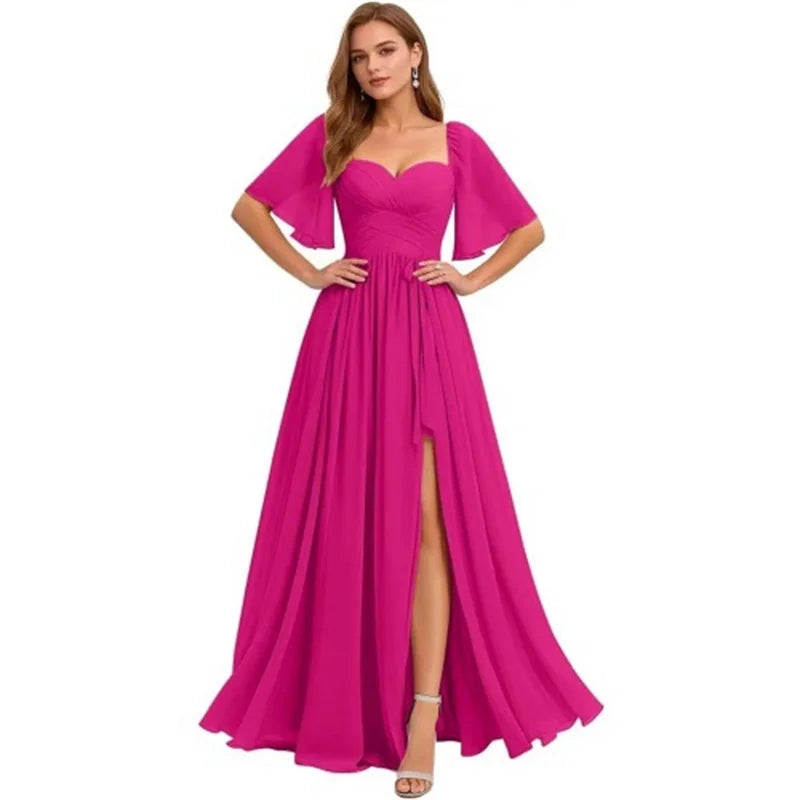 A Line Short Sleeve Chiffon Bridesmaid Dresses One Shouder Slit Pleat Elegant Wedding Party Formal Prom Evening Lace Up Back
