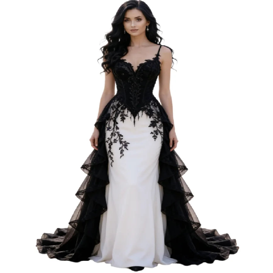 Enchanting Black And White Mermaid Gothic Wedding Dress 2026 Elegant Spaghetti Straps Tiered Tulle Lace Beach Bridal Gowns Ombre