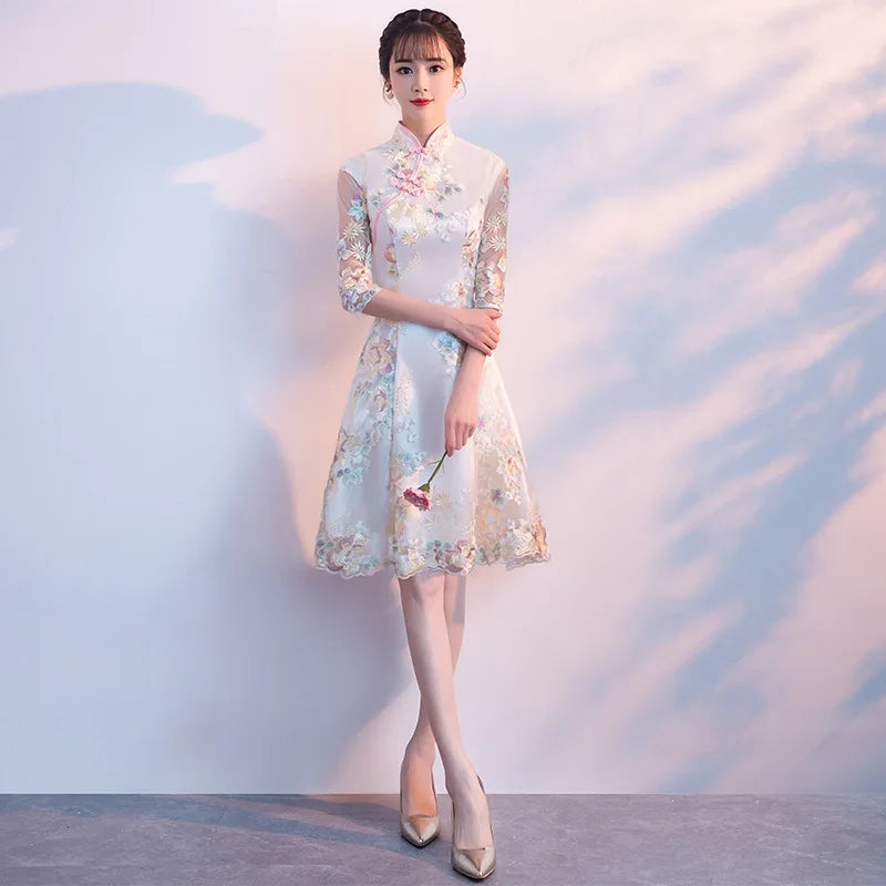 Floral Embroidered Satin Cheongsam Gown