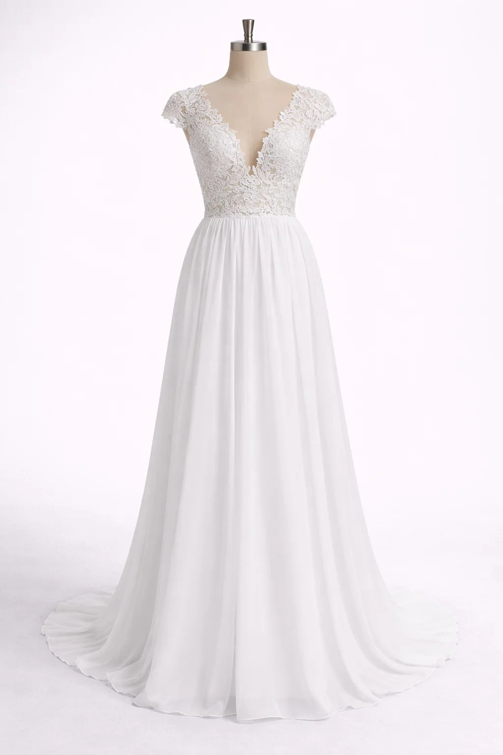 V-Neck Cap-Sleeve Backless Lace Boho A-Line Wedding Dress