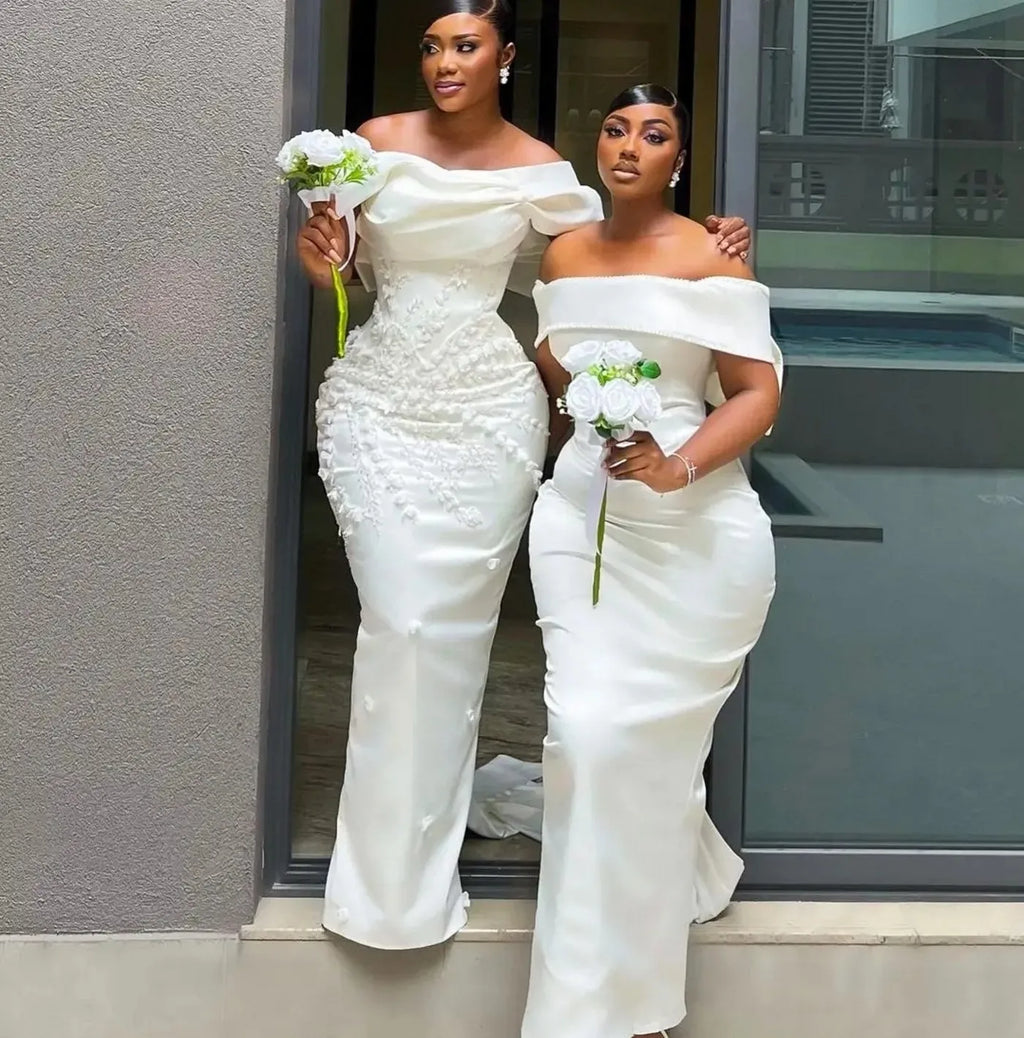 Off-Shoulder Satin Sheath Wedding Dress with Back Bow