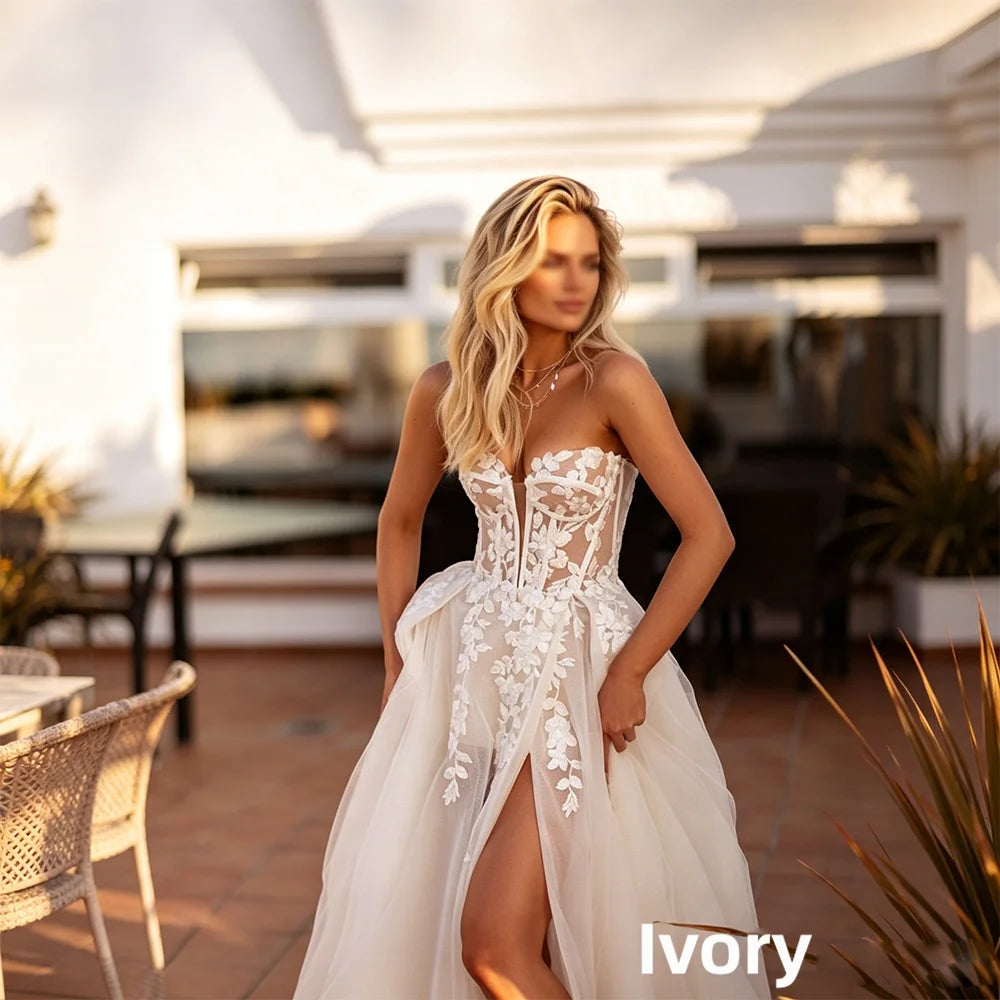 Floral Lace Corset Wedding Dress with High Slit