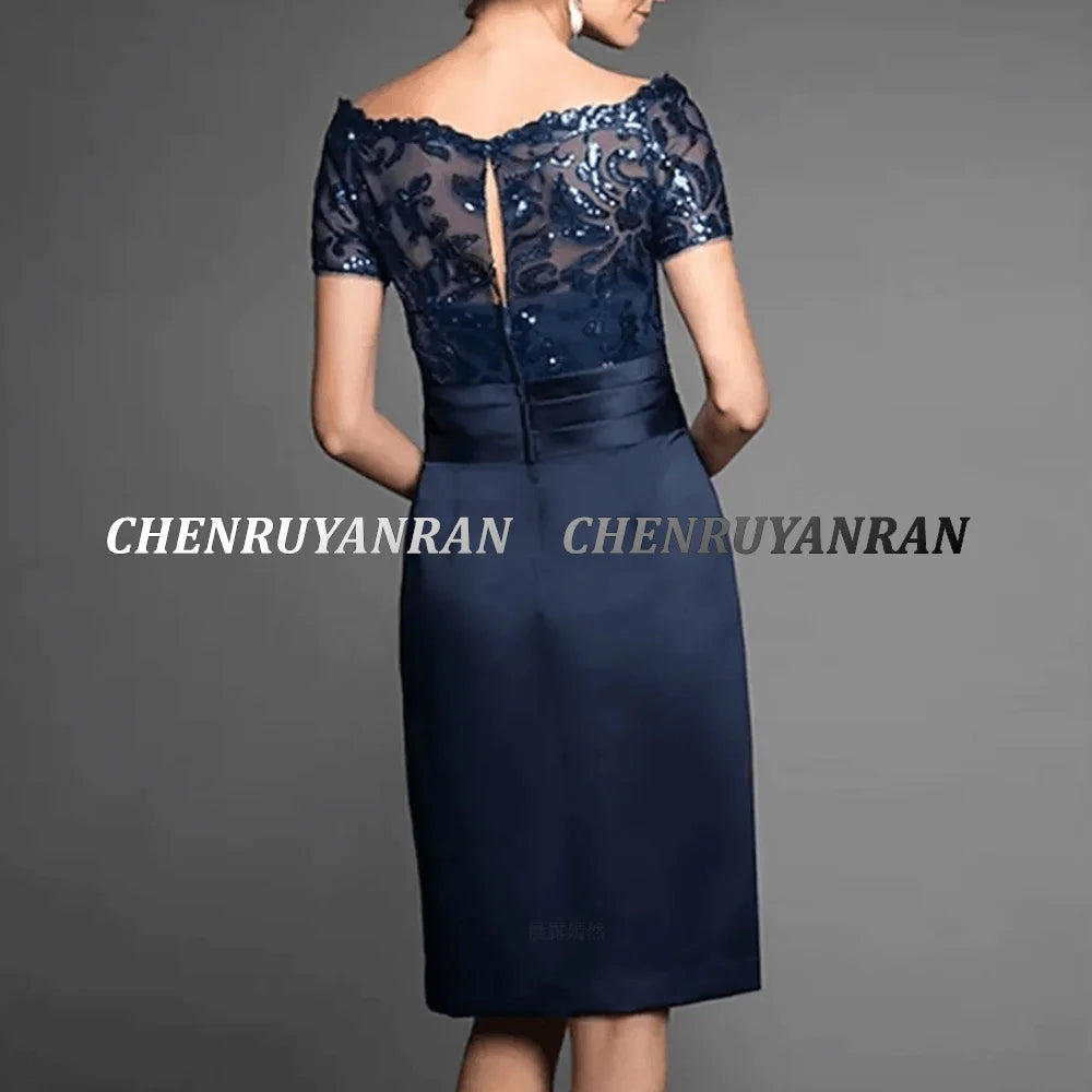 Navy Lace Knee Length Mother of the Bride Dress