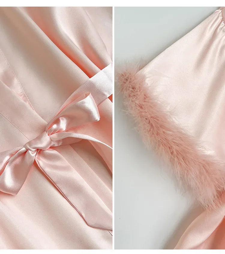 Feather Trim Satin Bridal Robe
