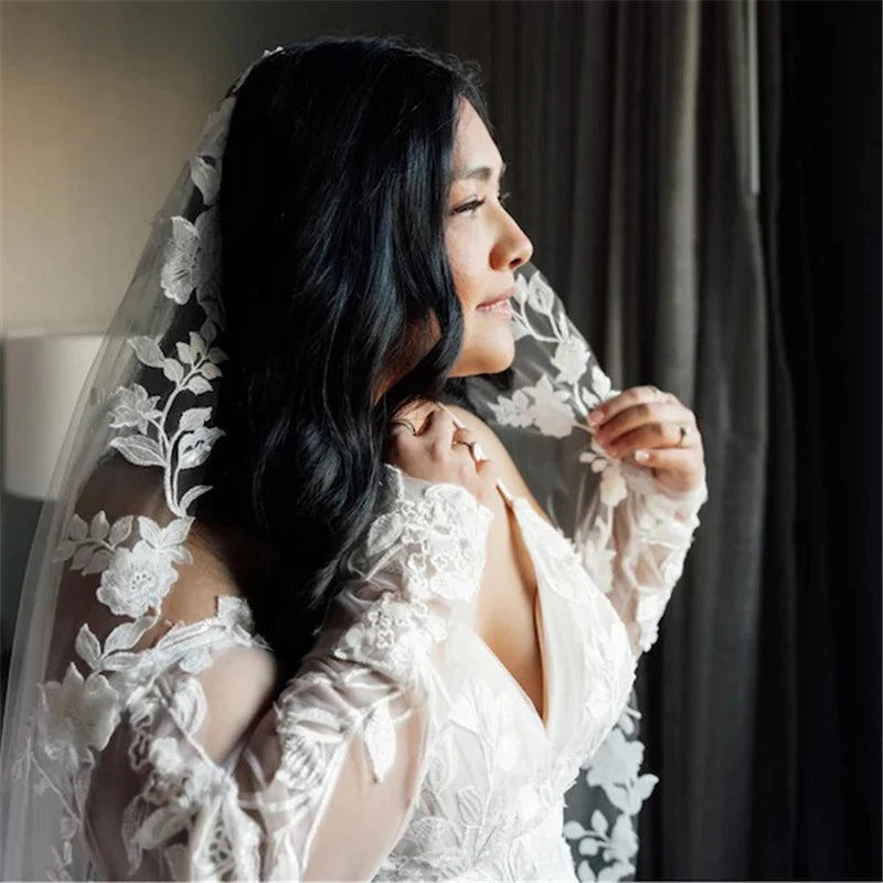 Full Lace Edge Mantilla Wedding Bridal Veils Cathedral Long Embroidered Ivory Tulle Floral Flowers Leaves Outdoor Church Brides