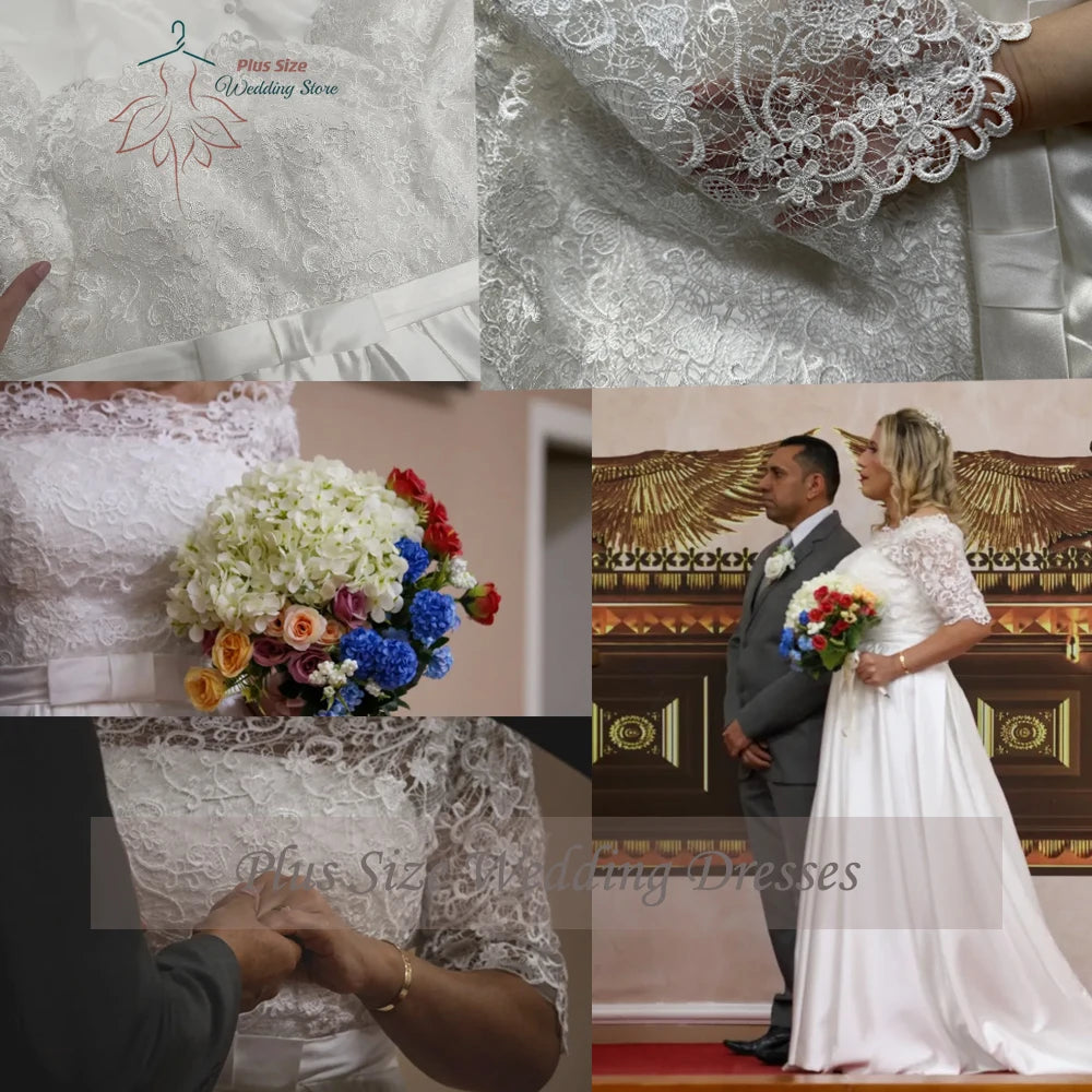 Boat Neck Half Sleeve Satin A-Line Wedding Dress