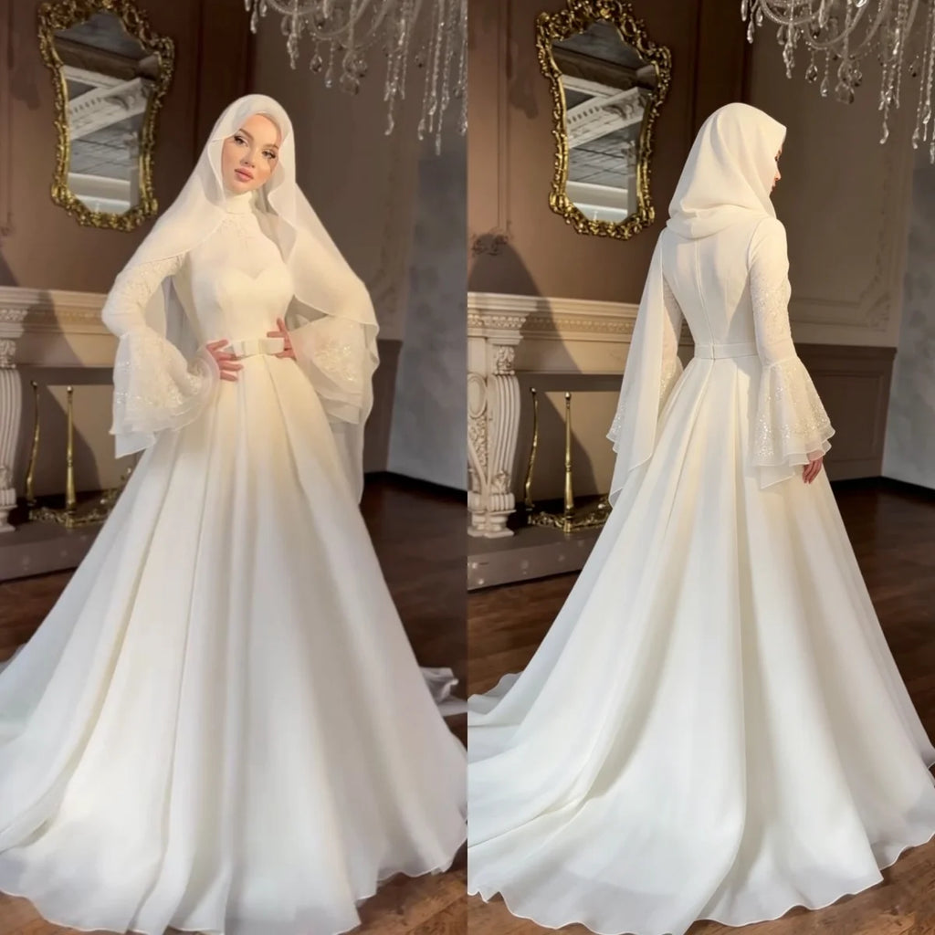 Custom Muslim Wedding Dress High Neck Chiffon Ball Gown with Hijab Bell Sleeves Modest Bridal Gown with Sparkly Cuffs