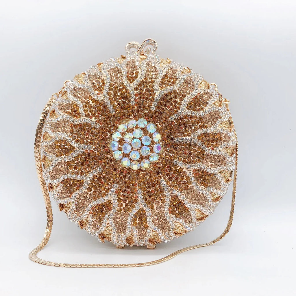 Wedding Bridal Party Purse White/Brown Diamond Minaudiere Luxury Rhinestone