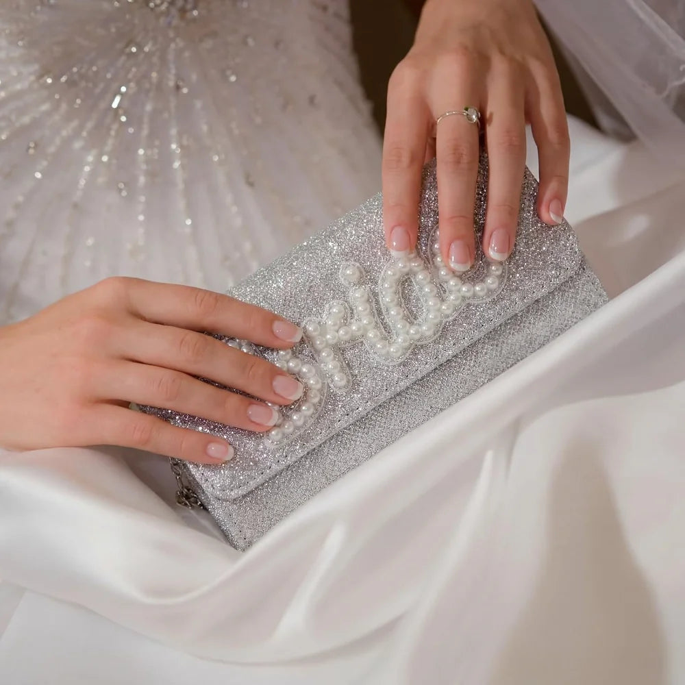 Pearl Rhinestone Letter Bride Evening Clutch Purse Wedding Honeymoon Handbag  Photo Prop Romantic Present For Bride To Be
