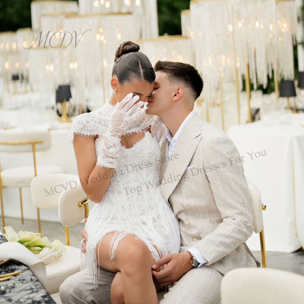 Fringe Mini Wedding Dress with Lace Corset
