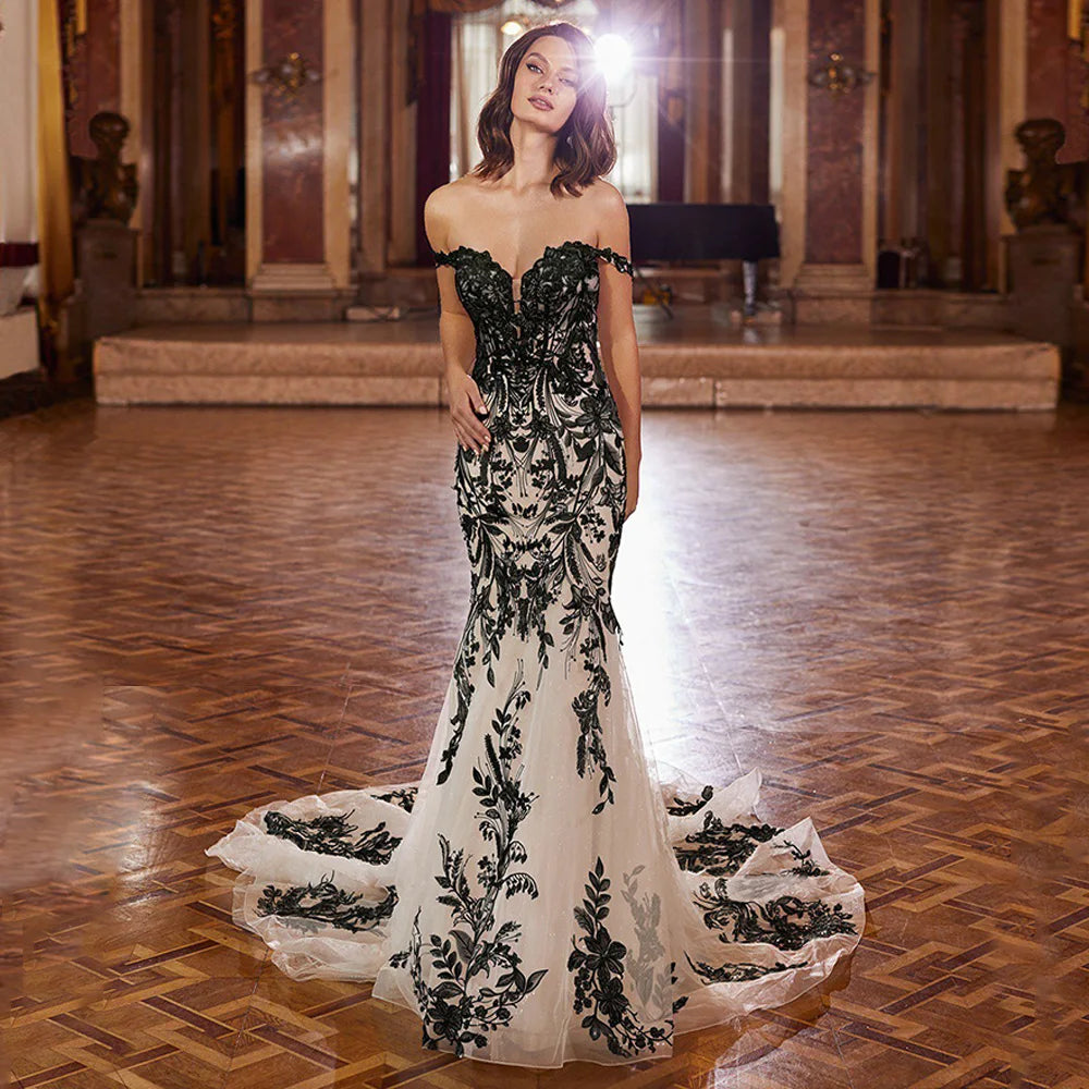 Hot Gothic Wedding Dress Customized Off The Shoulder Sweetheart Black Applique Court Train Glitter Tulle Mermaid Bridal Gown