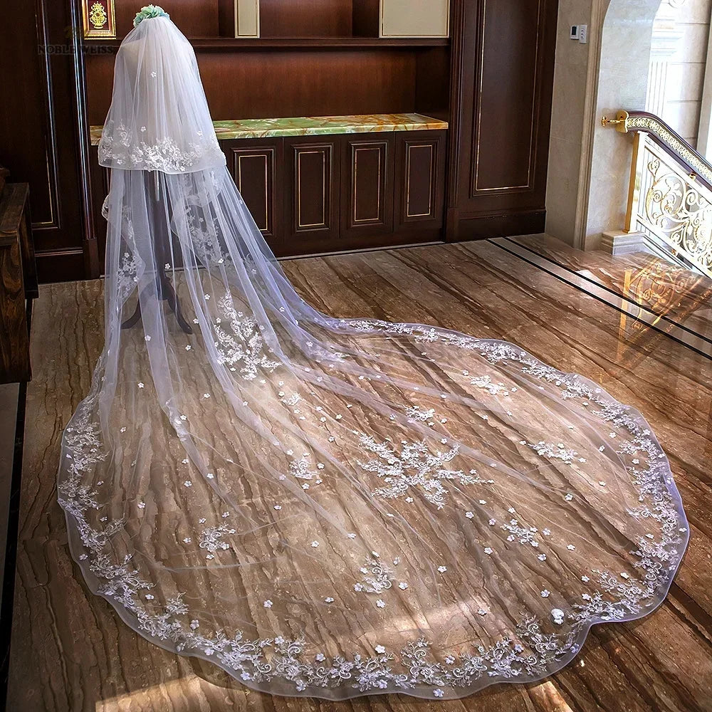 Long Wedding Veils With Comb Two Layers Appliques Bride Veil Lace Edge Tulle Veils Accessories 3m*4m Customized
