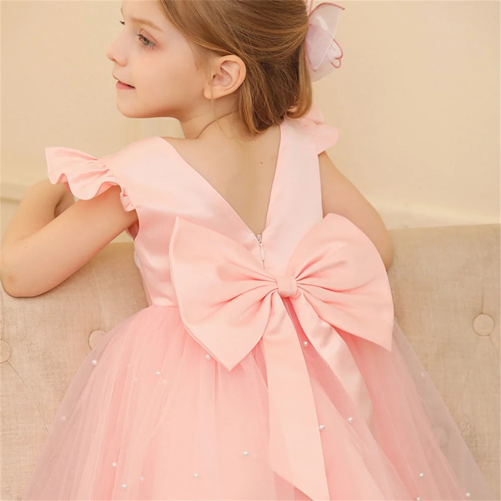 Backless Bow Flower Girl Tulle Dress