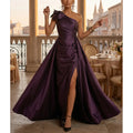 Dark Purple A Line Prom Dress One Shoulder Bow Ruched Waist High Slit Taffeta Train Wedding Guest Evening Gown
