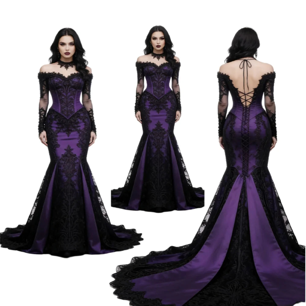 Vintage Purple Gothic Wedding Dress With Black Lace Elegant Mermaid Off Shoulder Long Sleeve Boho Bridal Gowns Vampire Halloween