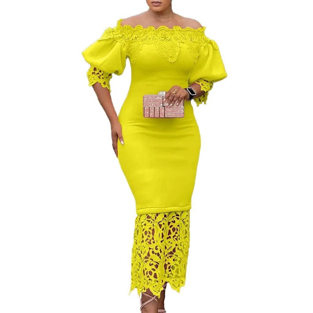 Off-Shoulder Lantern Sleeve Lace Sheath Dress