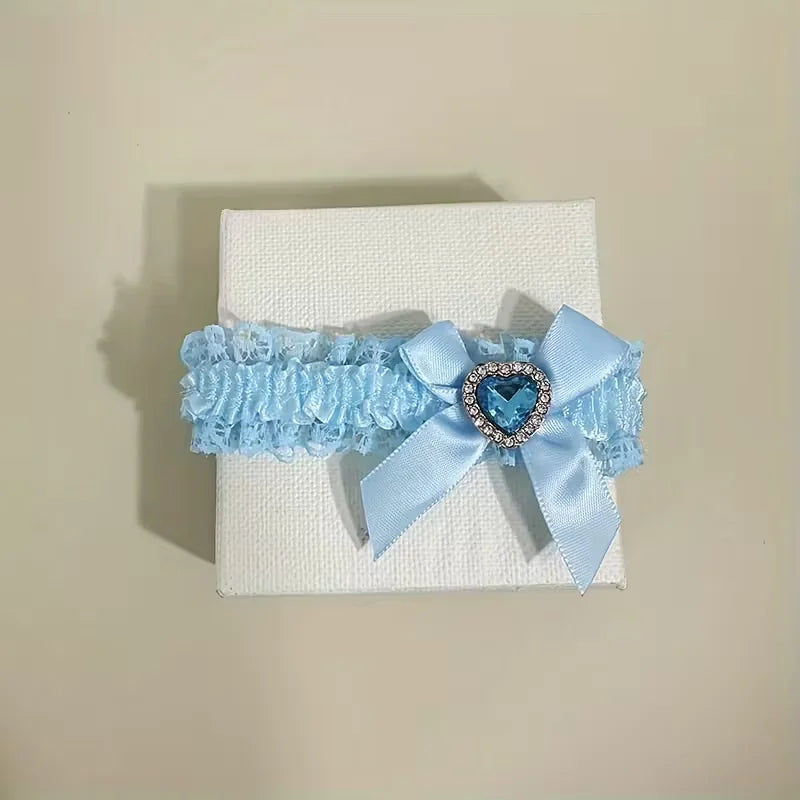 Elegant Blue Lace Wedding Garter With Bow And Rhinestone Heart Decoration – Bridal Leg Accessory For Wedding Season