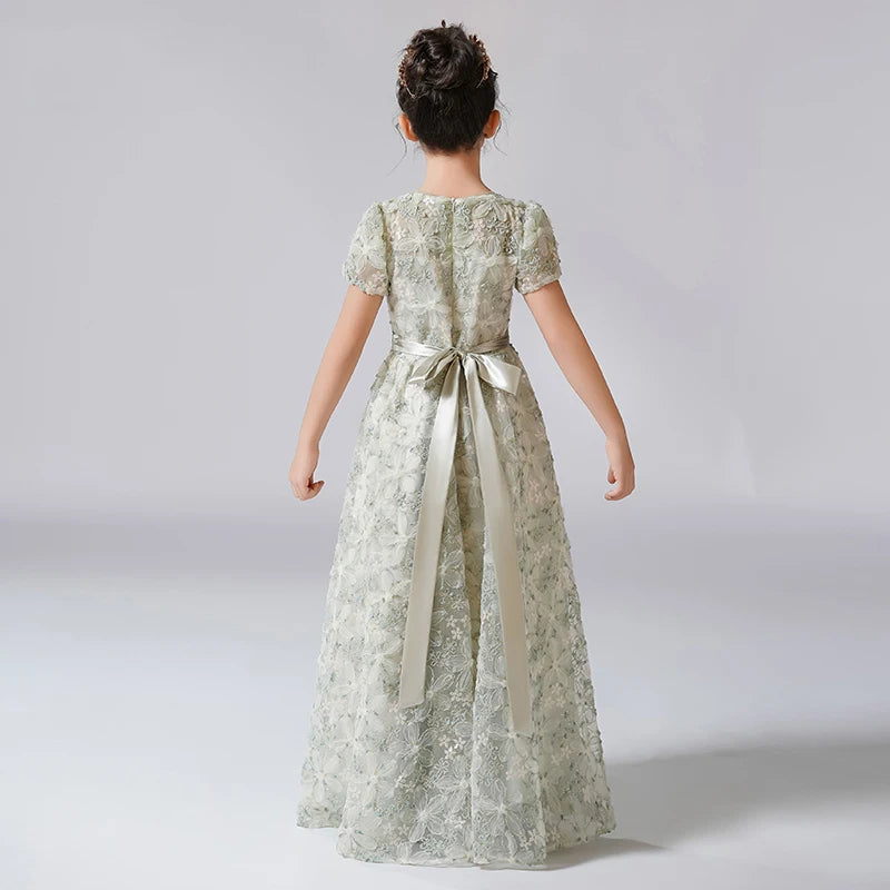 Rhinestone Floral Lace Puff-Sleeve Flower Girl Dress
