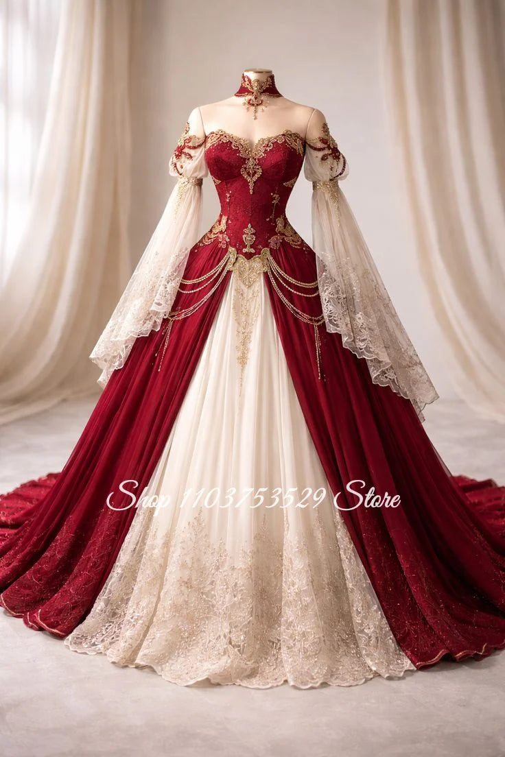 Burgundy Vintage Victorian Wedding Dress Gold Appliqué Lace Corset Gown Formal Evening Gown Stunning Bridal Gown Customized 2026