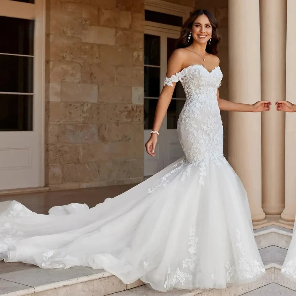 Boho Off The Shoulder Woman's Wedding Dresses 2026 Appliques Mermaid Fuffy Tulle Bride Gowns Formal Vestidos De Novia Customized