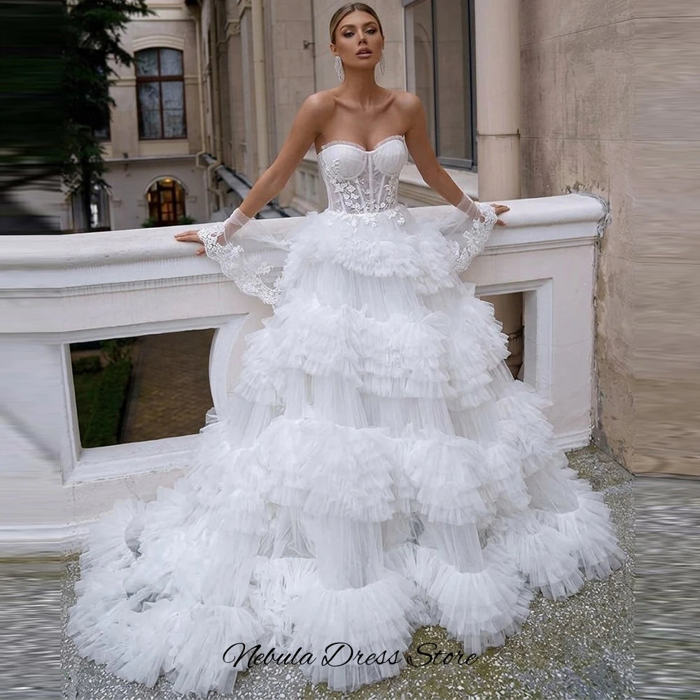 Ruched Tulle Strapless Applique Wedding Dress