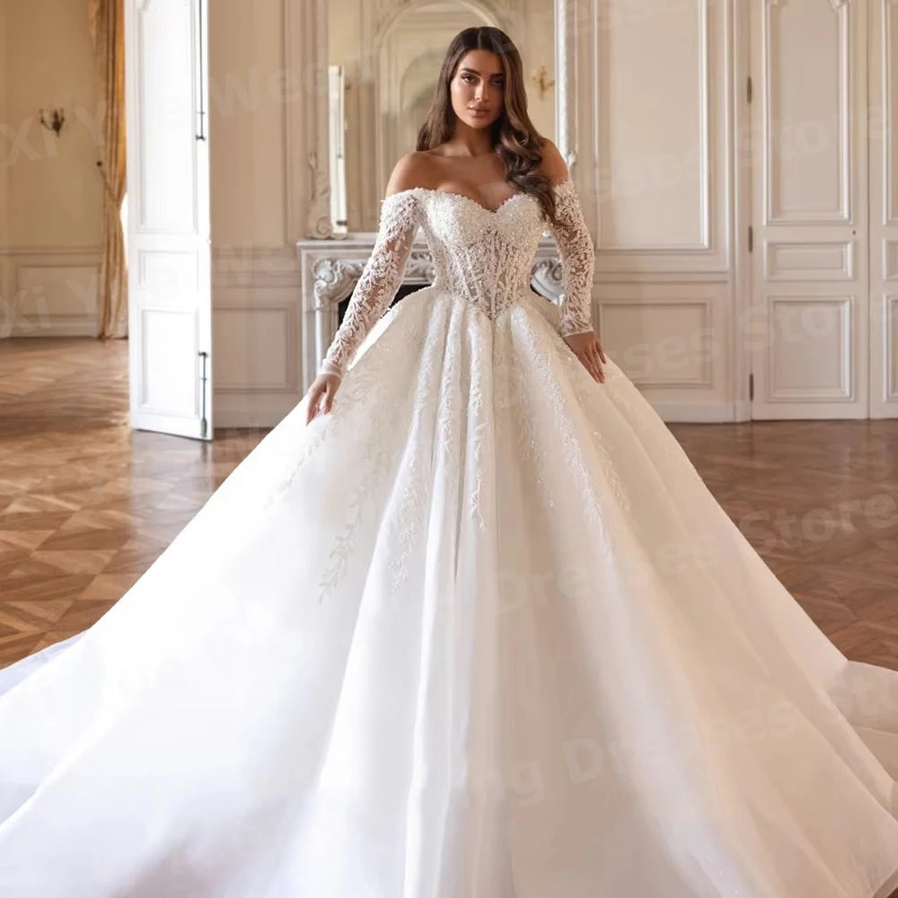 Exquisite A Line Women's Off The Shoulder Wedding Dresses Vestido De Novia Lace Appliques Bride Gowns Customized Robe De Mariée