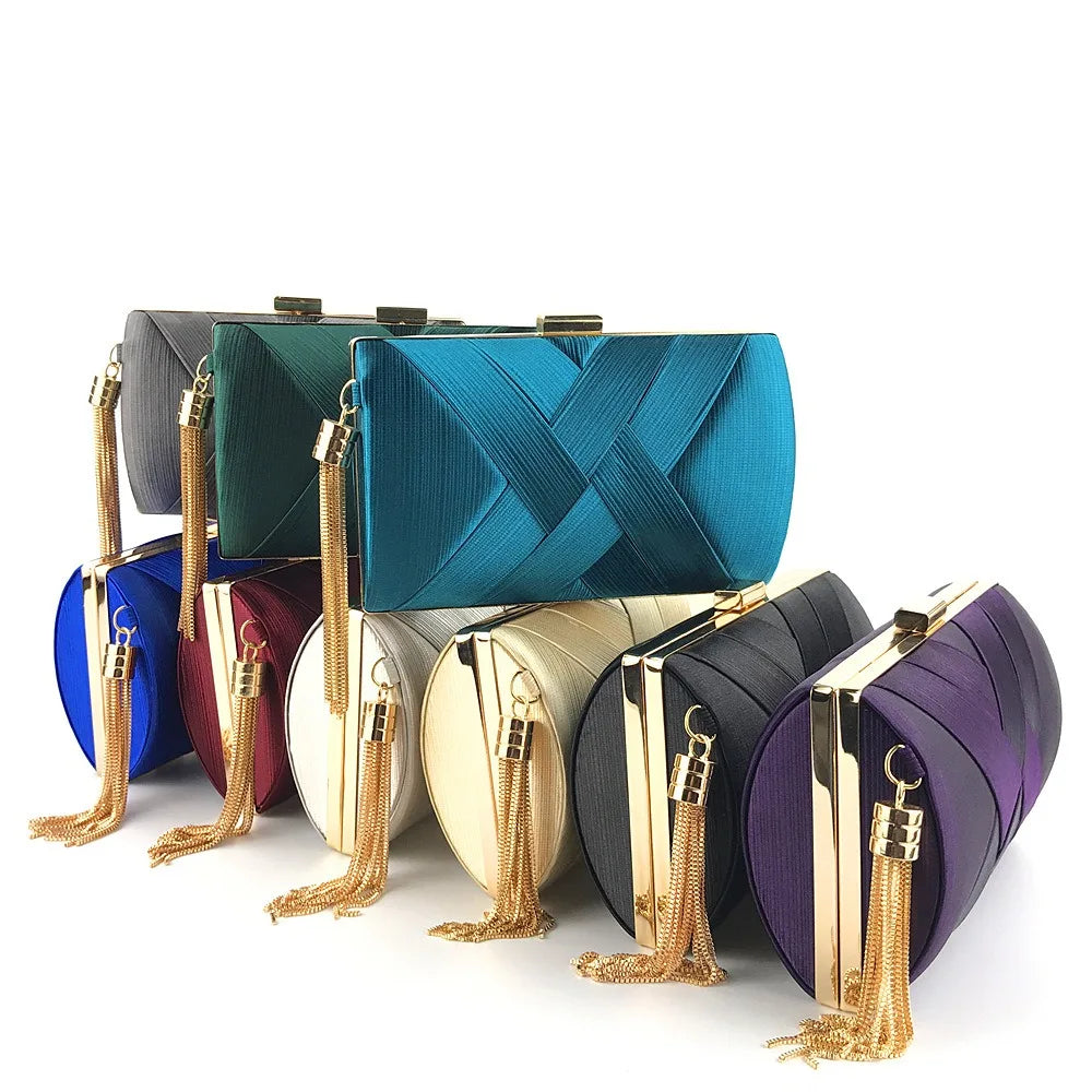 Casual Luxury Silk Fabric Dinner Handbag Tassel Chain Evening Banquet Bag Hand Hold Elegant Bridal Clutch Bag Outdoor